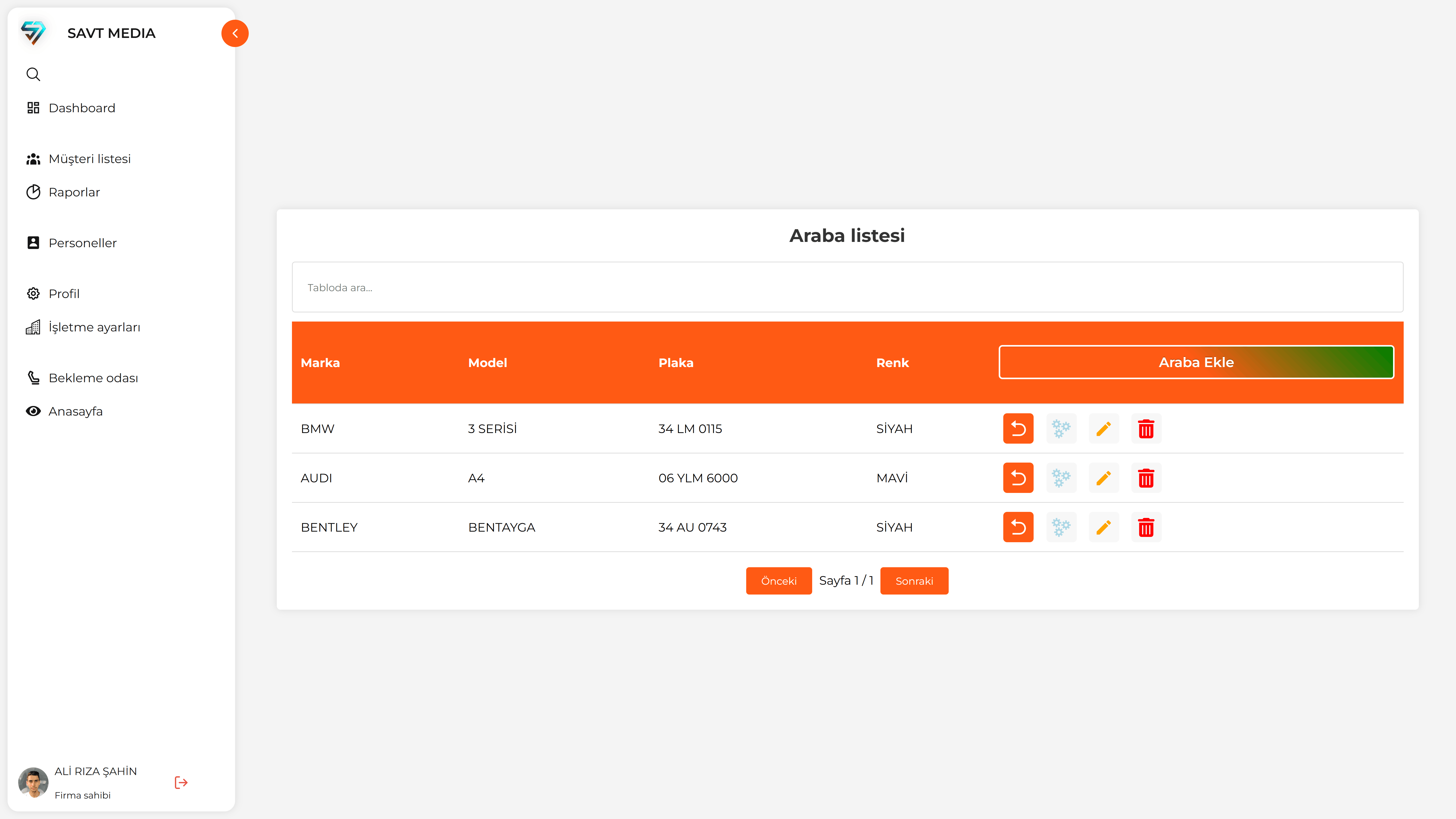 Oto servis panelim müşteriye ait araçlar listesi sayfası hd 1920x1080