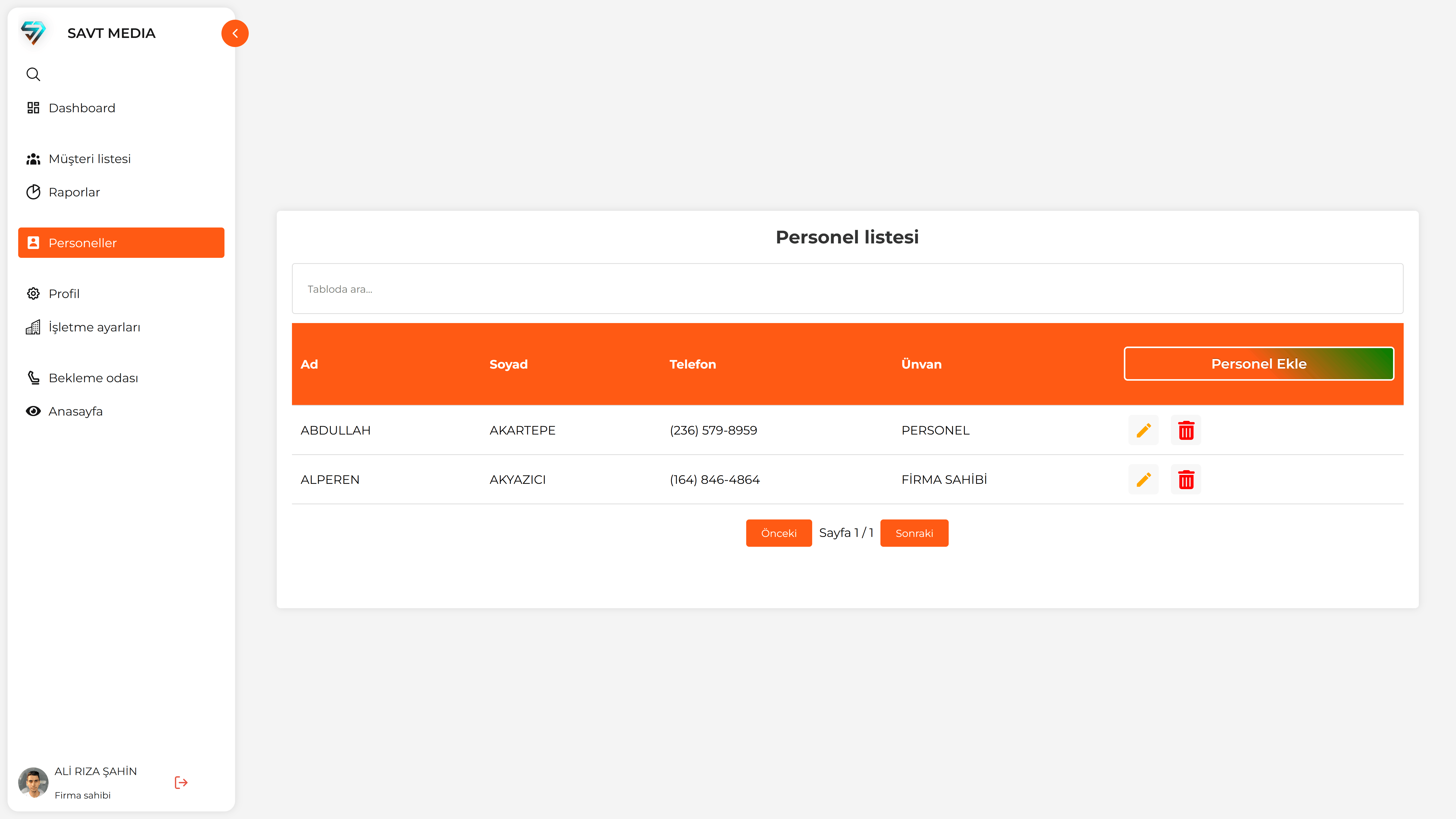Personel listesi sayfası